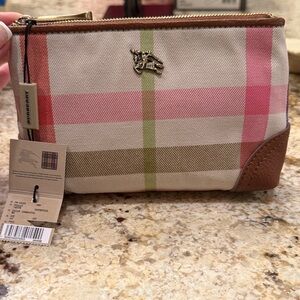 Burberry Pink and Green Plaid Canvas Wristlet with Brown Leather Trim, NEW